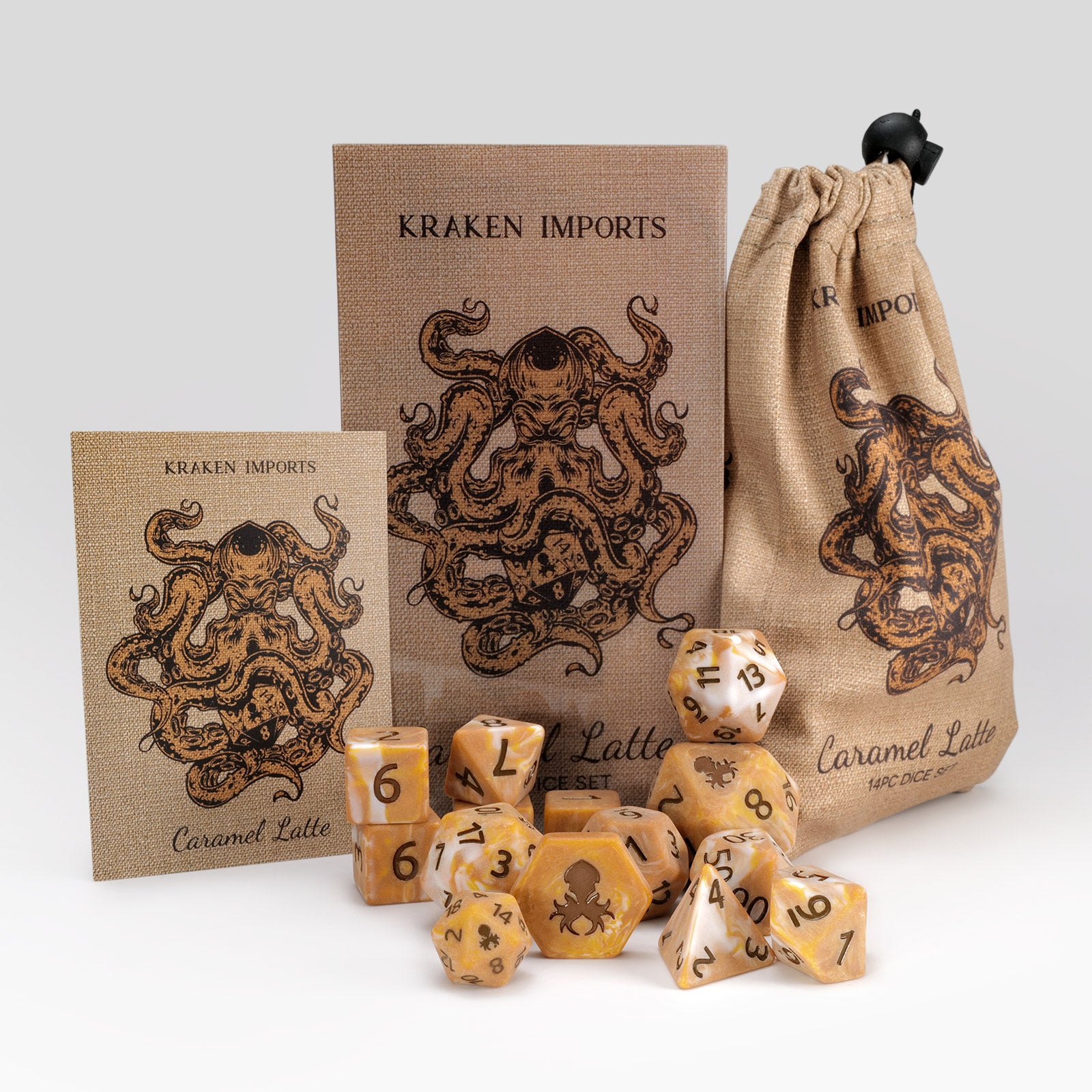 Caramel Latte 14pc Matte Dice Set Inked in Brown